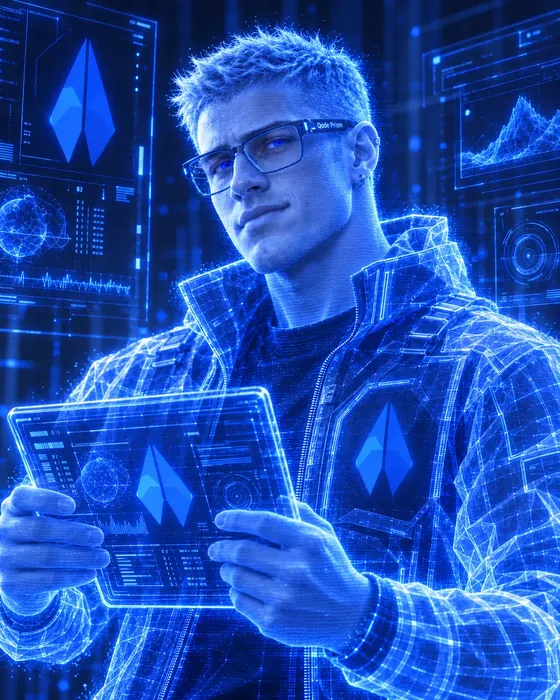 Centauri, shown as a blue figure in glasses reading data panels