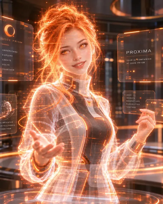 Proxima, shown as a glowing orange figure presenting holographic panels