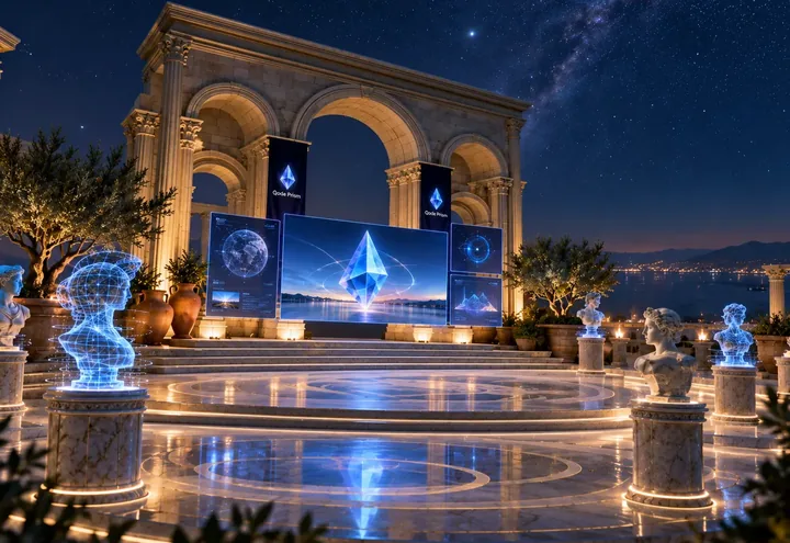 A TEIYA room in presenter-led mode: a shared presentation screen showing the Qode Prism crystal on an open-air stage under the stars.